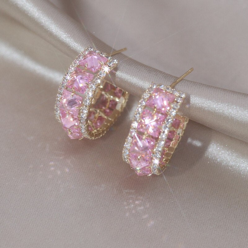 Jewelry 14K Gold Plating  Square Colored Zircon Half Circle Earrings Elegant Women's Daily Work Accessories