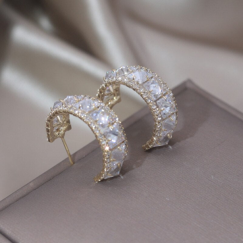 Jewelry 14K Gold Plating  Square Colored Zircon Half Circle Earrings Elegant Women's Daily Work Accessories