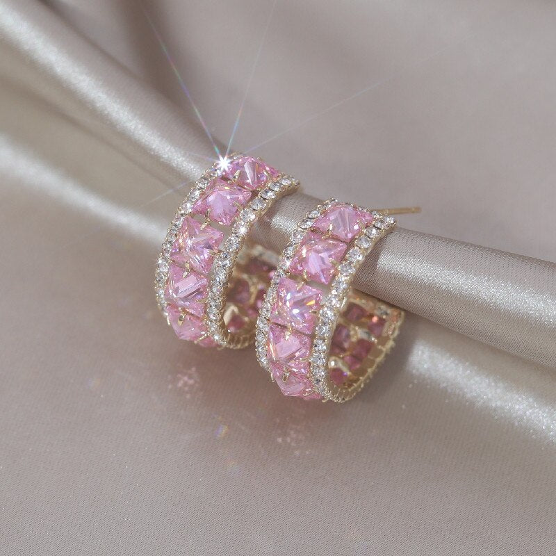 Jewelry 14K Gold Plating  Square Colored Zircon Half Circle Earrings Elegant Women's Daily Work Accessories