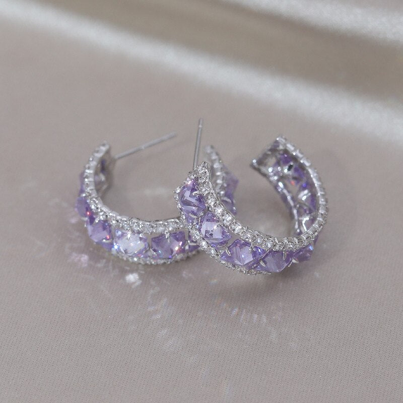 Jewelry 14K Gold Plating  Square Colored Zircon Half Circle Earrings Elegant Women's Daily Work Accessories