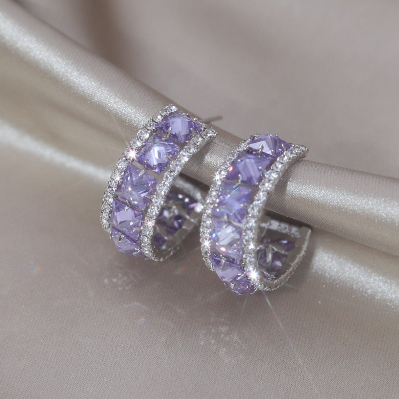 Jewelry 14K Gold Plating  Square Colored Zircon Half Circle Earrings Elegant Women's Daily Work Accessories