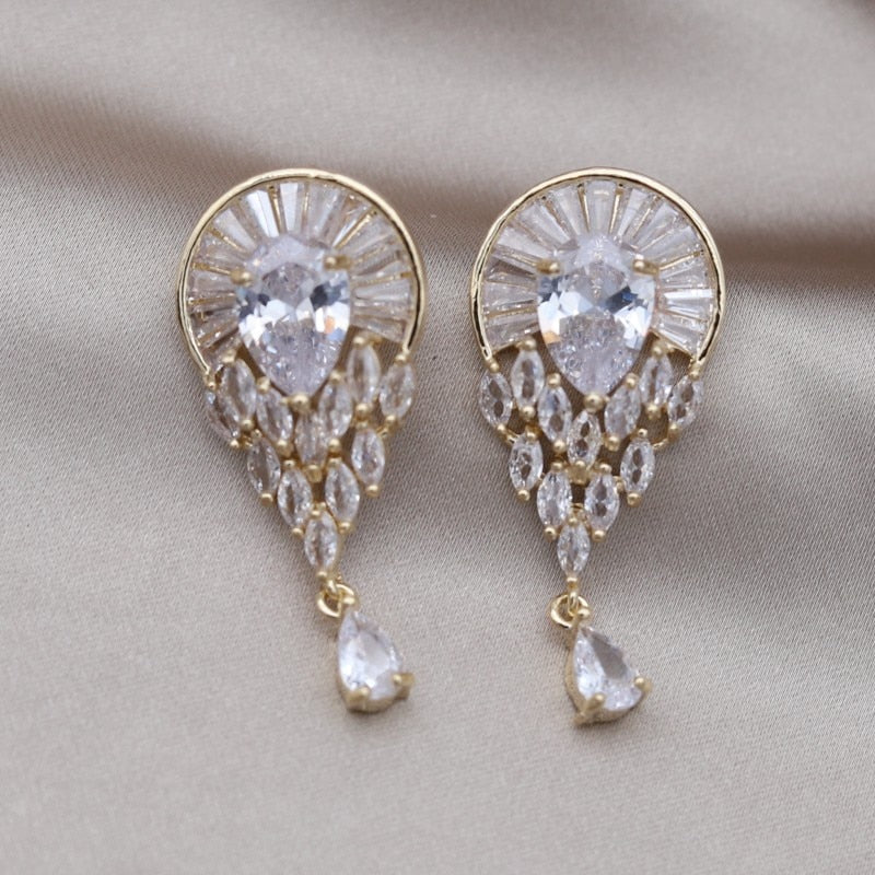 Jewelry 14K Gold plated Copper Set Zircon Fan shaped Water Drop Round Earring Elegant Women's Prom Party Accessories