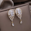 Jewelry 14K Gold plated Copper Set Zircon Fan shaped Water Drop Round Earring Elegant Women's Prom Party Accessories