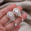 Jewelry 14K Gold plated Copper Set Zircon Fan shaped Water Drop Round Earring Elegant Women's Prom Party Accessories