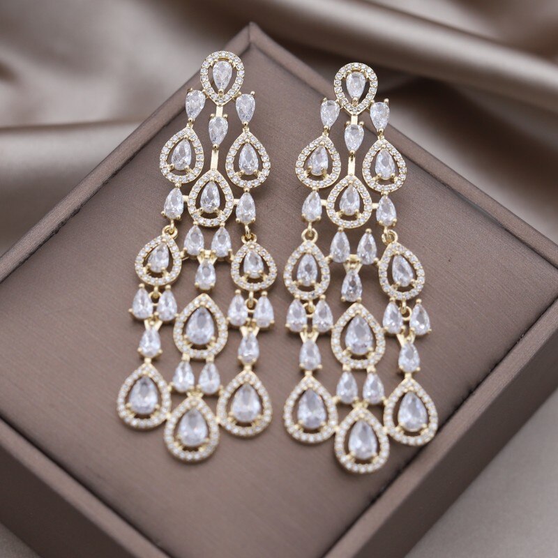 Jewelry 14K Gold plated Copper Set Zircon Water Drop Long Geometric Earring  Women's Wedding Party Accessories