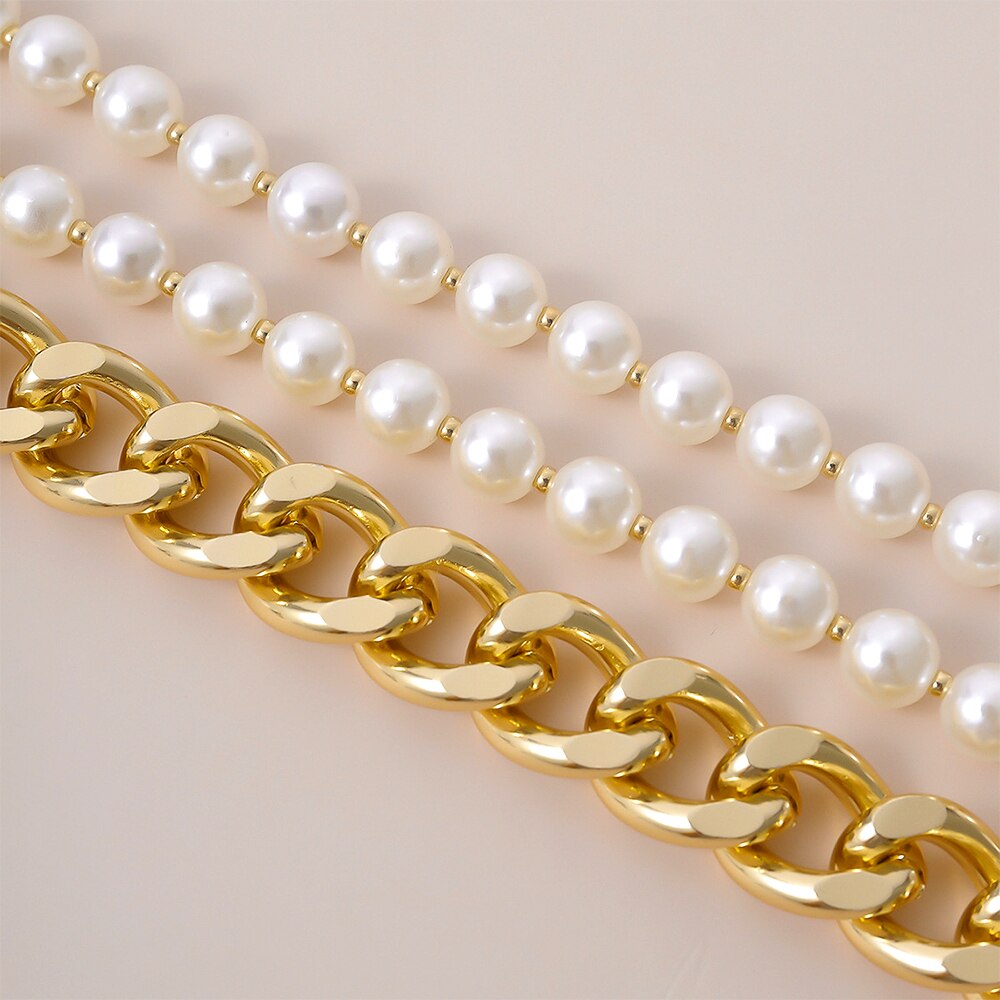 Jewelry Accessories Hyperbol Multi Layer Imitation Pearls Gold Color Alloy Chain Choker Necklace Women 2021 Elegant