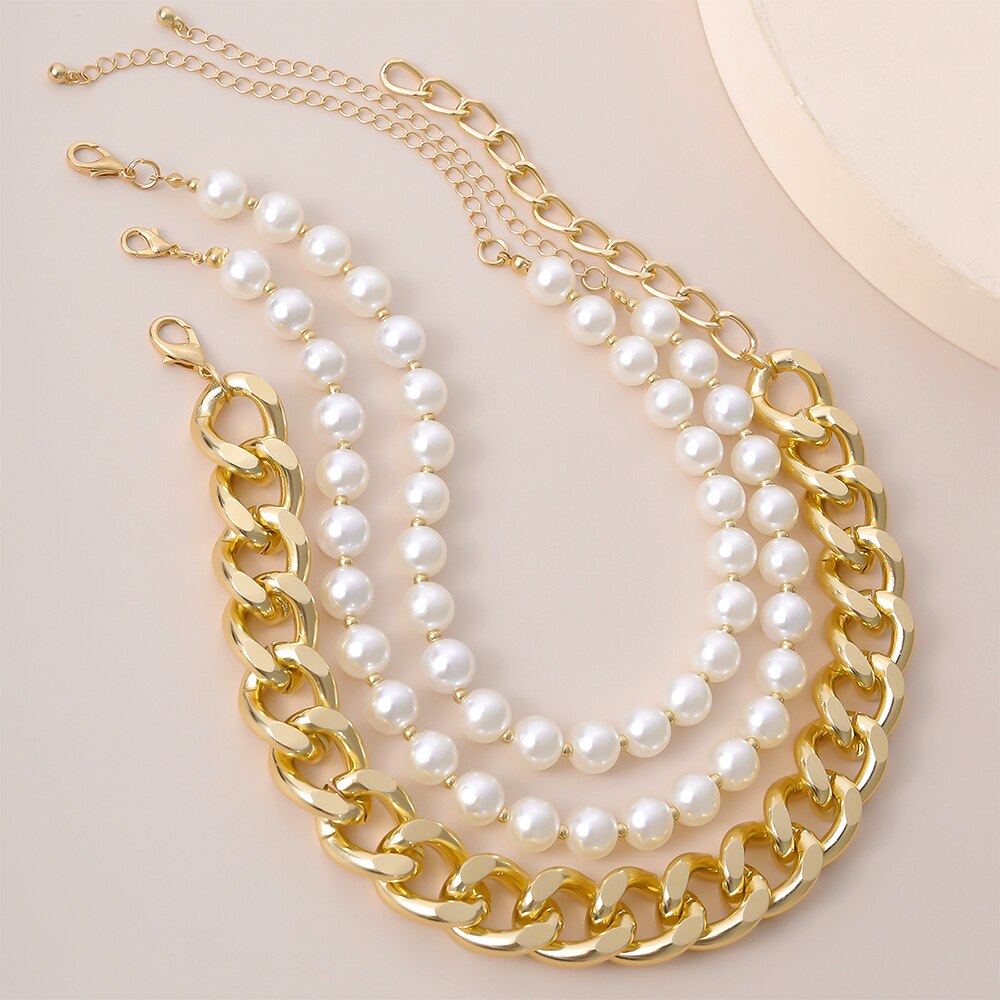 Jewelry Accessories Hyperbol Multi Layer Imitation Pearls Gold Color Alloy Chain Choker Necklace Women 2021 Elegant