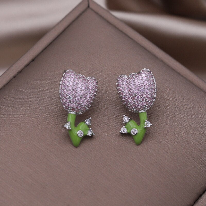 Jewelry Delicate Copper Set Zircon Cactus Flower Oil Drop Earrings Sweet Girl Gift Elegant Women's Daily Accessories