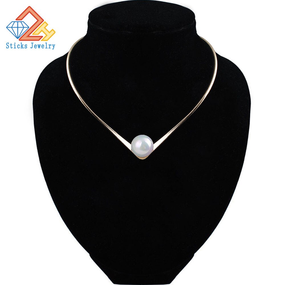 Jewelry Simple V Design Torques Choker Necklace for Women Girl Big Pearl Wedding Necklace
