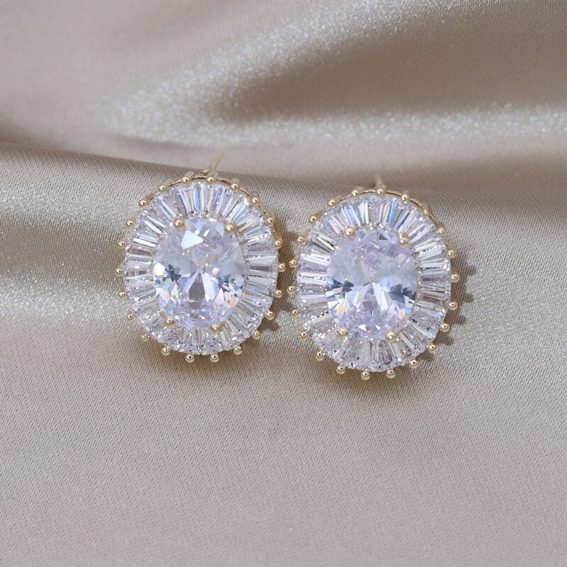 Jewelry in Korea 14K Gold plated  Copper Zircon Oval Earrings Simple Women's Daily Work Accessories