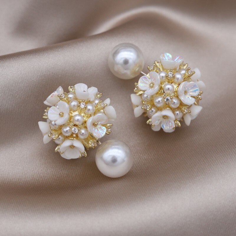 Jewelry in Korea Flower Pearl Wearing Earrings Before and After Elegant Women's Daily Work Accessories