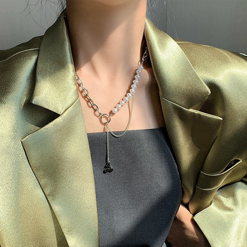 Little Cherry Sweater Windbreaker Titanium Steel Pearl Stainless Steel  Jewelry Necklace Hip Hop  Cuba Chain