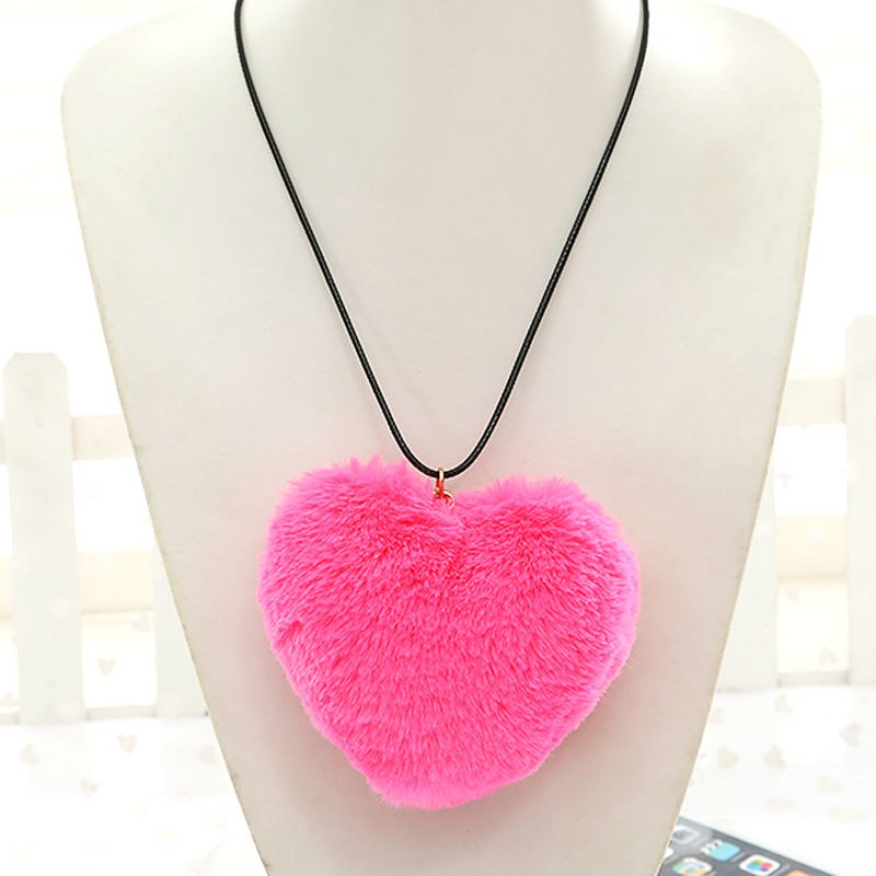 New Fashion Long Rope Leather Pink/Gray/Rose Faux Fur Heart Pendant Necklace Women Bohemia Handmade Jewelry Christmas Party Gift