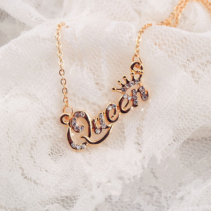 Gold-Color Queen Crown Chain Necklace Zircon Crystal Necklace Women Jewelry Birthday Present Gifts