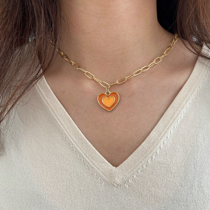Mixed Color Enamel Heart Pendant Link Chain Choker Necklace For Women Men Rainbow Couple Necklace