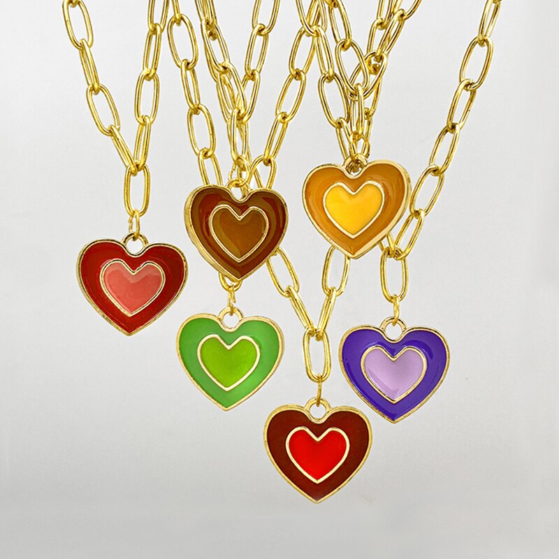 Mixed Color Enamel Heart Pendant Link Chain Choker Necklace For Women Men Rainbow Couple Necklace