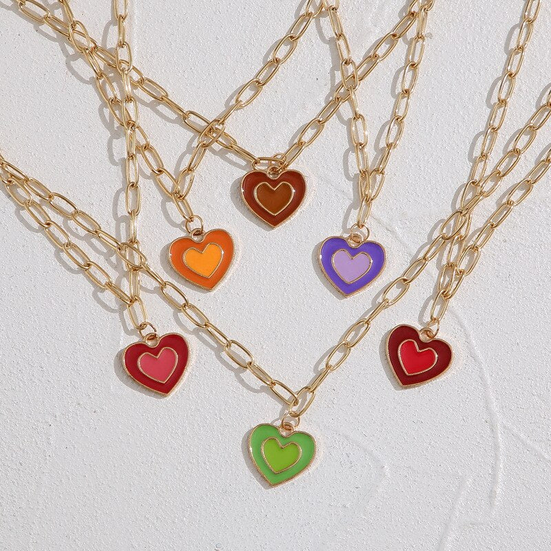 Mixed Color Enamel Heart Pendant Link Chain Choker Necklace For Women Men Rainbow Couple Necklace
