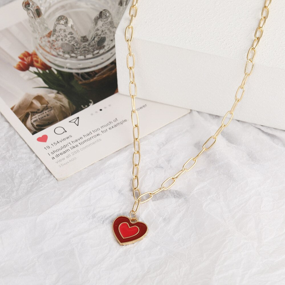 Mixed Color Enamel Heart Pendant Link Chain Choker Necklace For Women Men Rainbow Couple Necklace