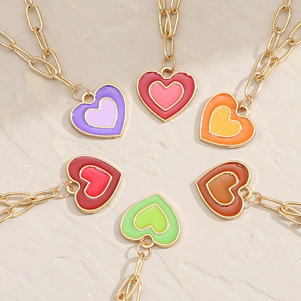 Mixed Color Enamel Heart Pendant Link Chain Choker Necklace For Women Men Rainbow Couple Necklace