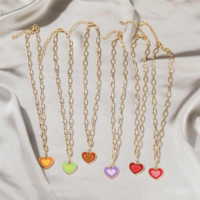 Mixed Color Enamel Heart Pendant Link Chain Choker Necklace For Women Men Rainbow Couple Necklace