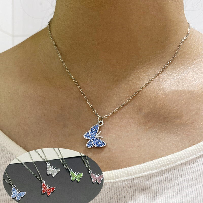 Necklace for Women Colorful Rhinestone  Butterfly Gift Necklace Golden Silver Color Short Choker Jewelry