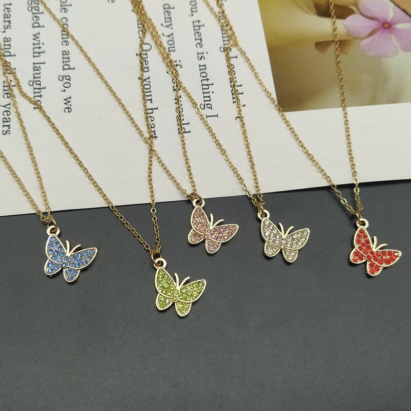 Necklace for Women Colorful Rhinestone  Butterfly Gift Necklace Golden Silver Color Short Choker Jewelry