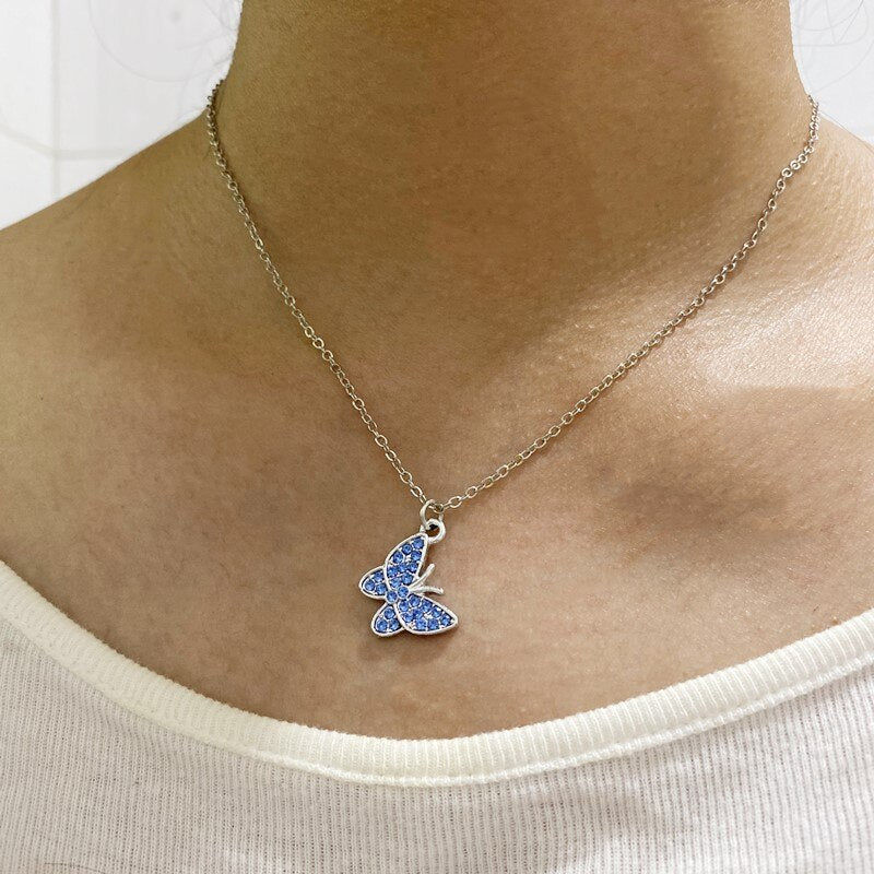 Necklace for Women Colorful Rhinestone  Butterfly Gift Necklace Golden Silver Color Short Choker Jewelry