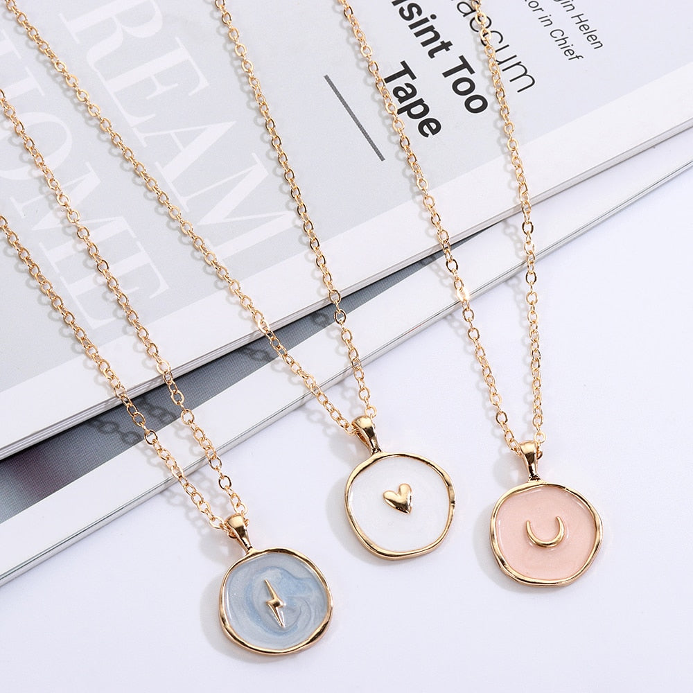 Oil Drop Cute Stars Moon Heart Round Golden Pendant Minimalist Necklace Jewelry Gifts for Girl