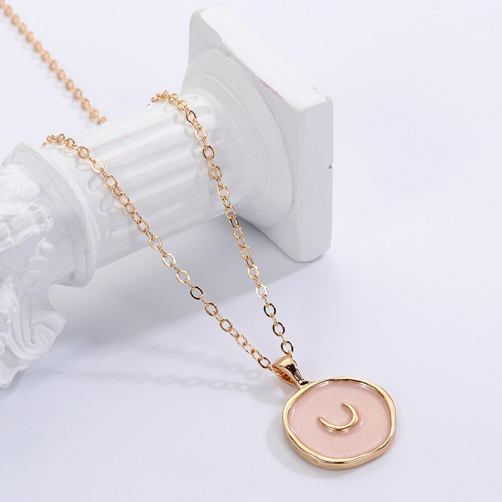 Oil Drop Cute Stars Moon Heart Round Golden Pendant Minimalist Necklace Jewelry Gifts for Girl