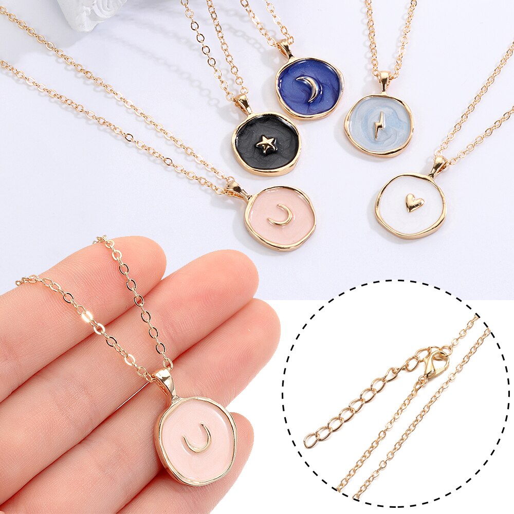 Oil Drop Cute Stars Moon Heart Round Golden Pendant Minimalist Necklace Jewelry Gifts for Girl