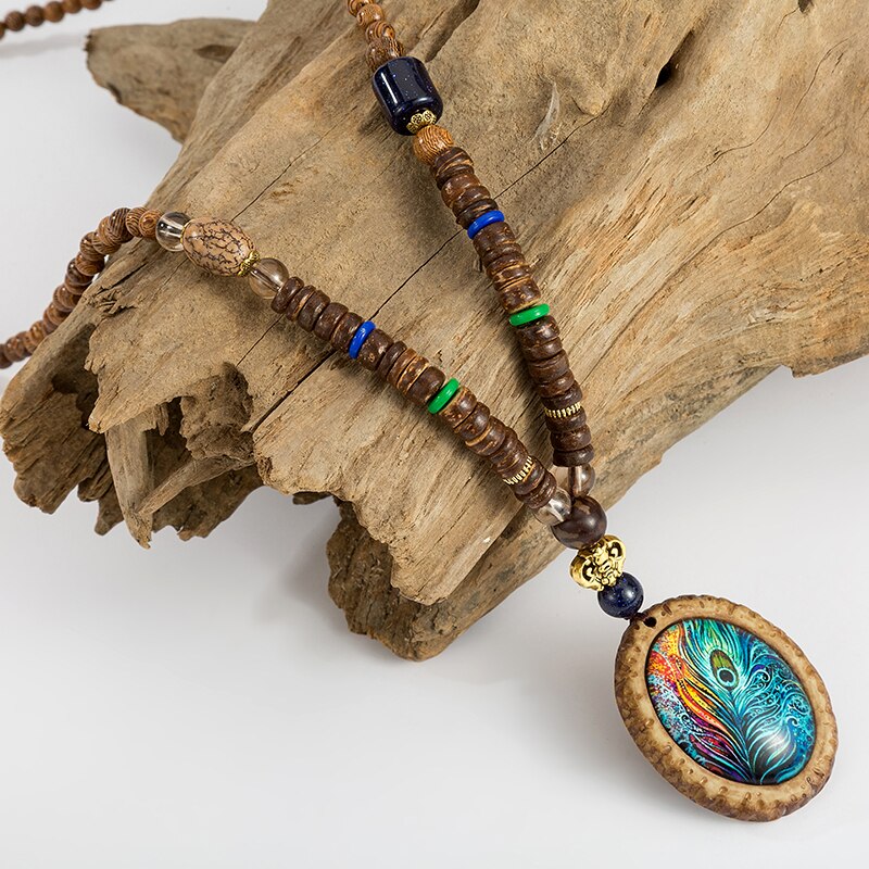 Peacock Feather Necklace Ethnic Nepal Jewelry Handmade Sandalwood Beads Long Sweater Necklace Vintage Jewelry