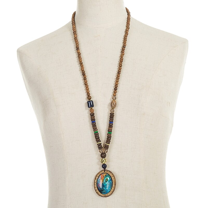 Peacock Feather Necklace Ethnic Nepal Jewelry Handmade Sandalwood Beads Long Sweater Necklace Vintage Jewelry