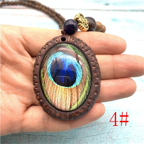 Peacock Feather Necklace Ethnic Nepal Jewelry Handmade Sandalwood Beads Long Sweater Necklace Vintage Jewelry