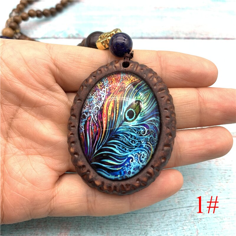 Peacock Feather Necklace Ethnic Nepal Jewelry Handmade Sandalwood Beads Long Sweater Necklace Vintage Jewelry