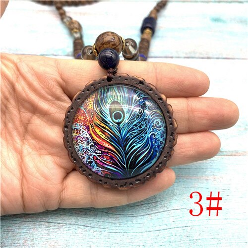 Peacock Feather Necklace Ethnic Nepal Jewelry Handmade Sandalwood Beads Long Sweater Necklace Vintage Jewelry