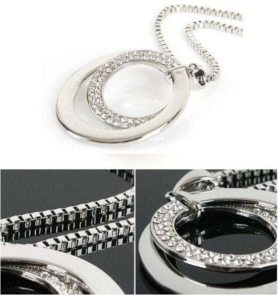 New Fashion Pretty Women's Silver Plated Crystal Rhinestone Statement Long Double Circle Pendant Charm Necklace