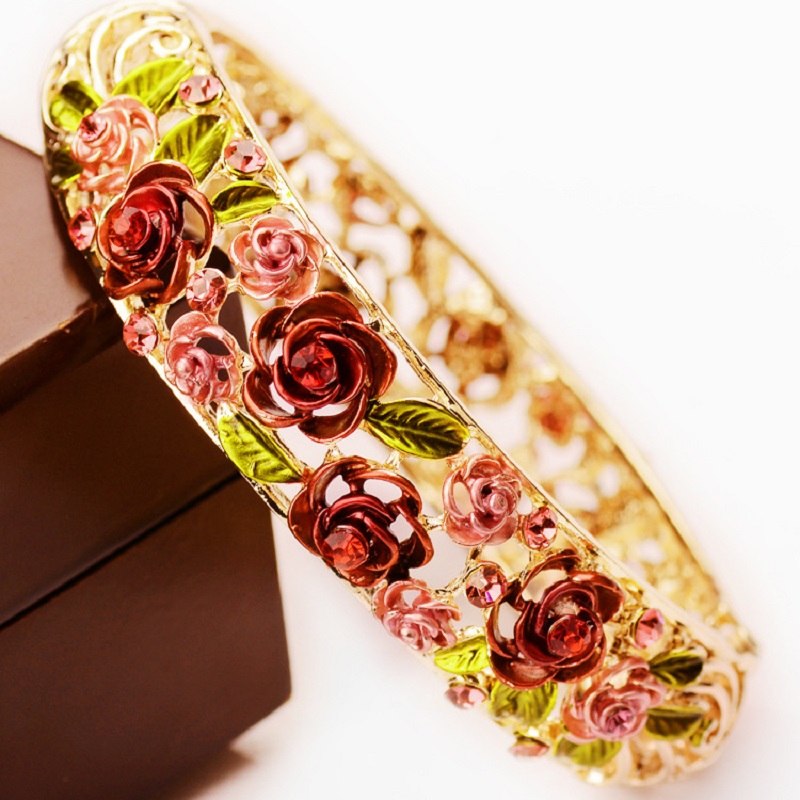 New Fashion Retro Design Rose Styling Crystal Bangle Charm Women Wedding Engagement Jewelry Exquisite Gift Accessory