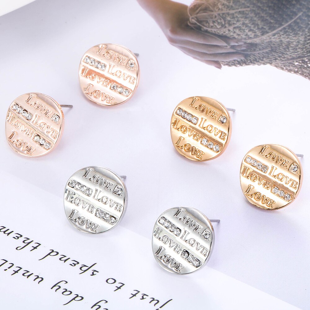Round Cake Earrings Charm Gold Color Crystal Letter Love Stud Earrings For Lover Women Ear Jewelry Vintage Statement