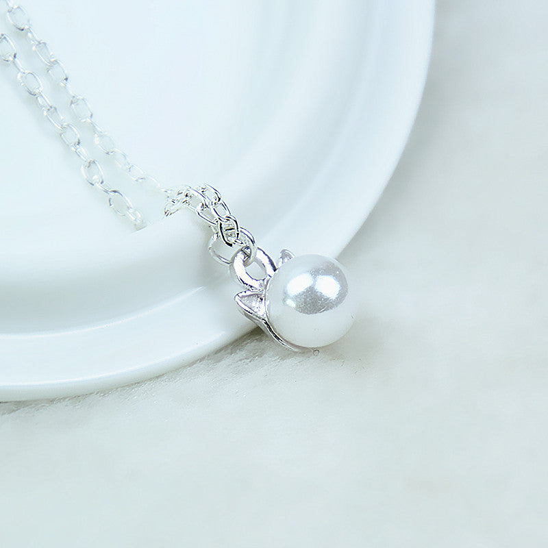 New Fashion Silver Necklaces & Pendants For Women Kitten Cat Simulated Pearl Necklace Jewelry Collier Femme Bijoux X260