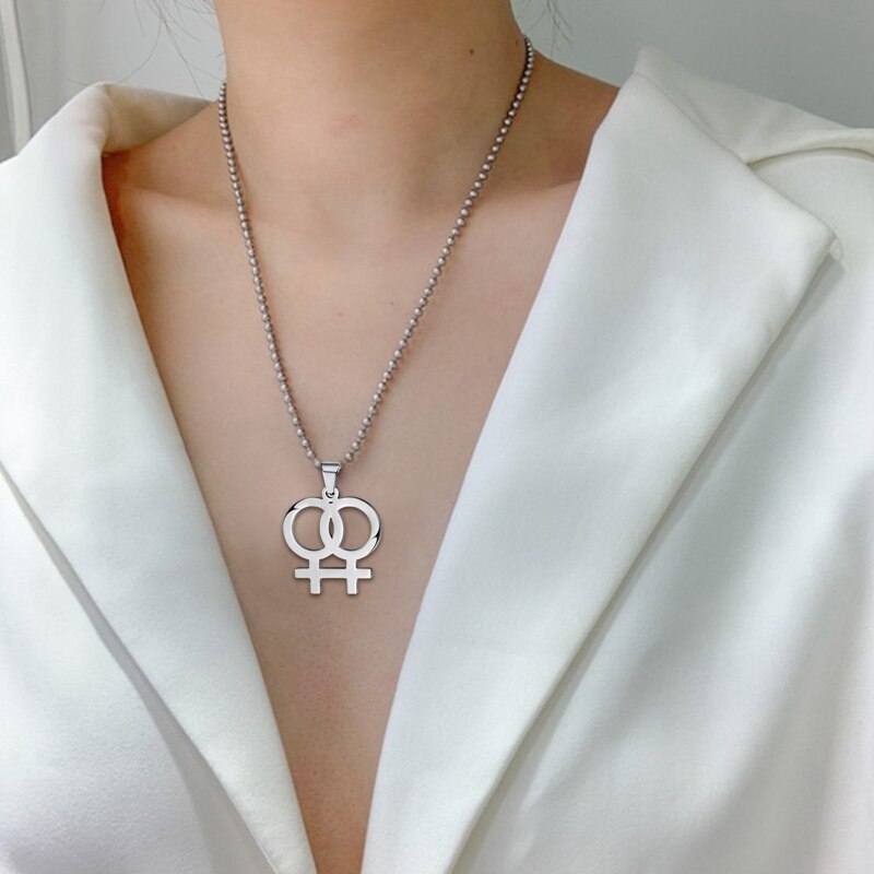Stainless Steel Lesbian Gender Symbol Necklaces Pendants For Women Gay Pride Silvery Color Jewelry Bead Chain Link
