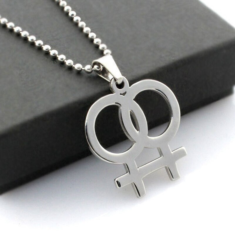 Stainless Steel Lesbian Gender Symbol Necklaces Pendants For Women Gay Pride Silvery Color Jewelry Bead Chain Link