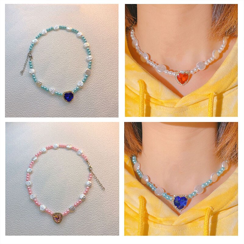 Sweet Irregular Geometric Pearl Heart Crystal Rhinestone Pendant Shining Necklace For Women Jewelry Bride Wedding