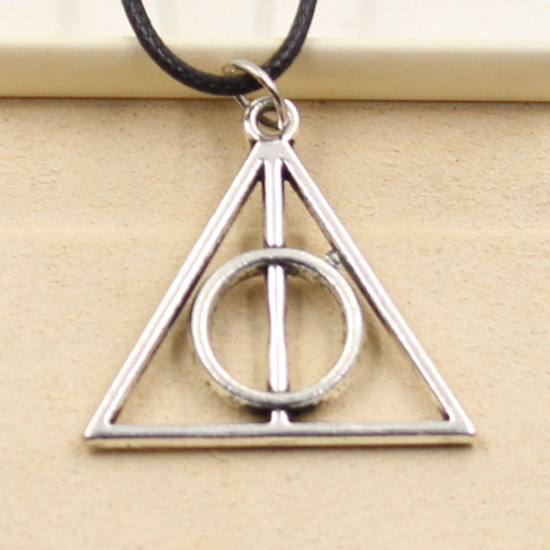 Tibetan Silver Color Pendant Deathly Hallows Necklace Choker Charm Black Leather Cord Factory Price Handmade Jewelry