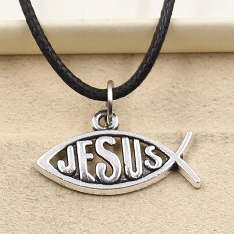 Tibetan Silver Color Pendant Fish Jesus Necklace Choker Charm Black Leather Cord Factory Price Handmade Jewelry