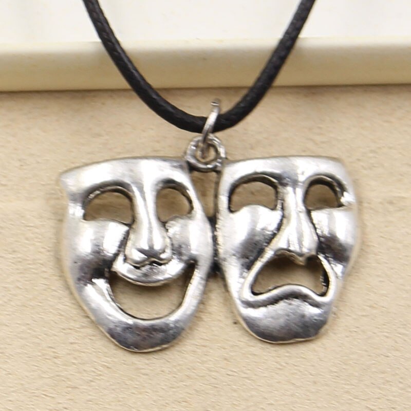 Tibetan Silver Color Pendant Smile Cry Mask Necklace Choker Charm Black Leather Cord Factory Price Handmade Jewelry