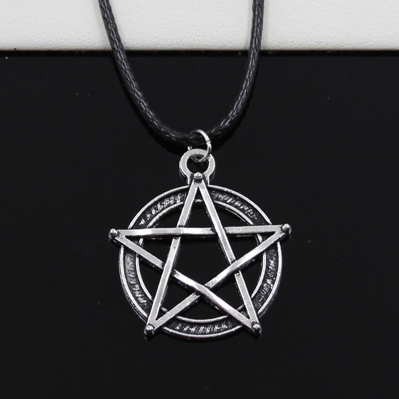Tibetan Silver Color Pendant Star Pentagram Necklace Choker Charm Black Leather Cord Factory Price Handmade Jewelry