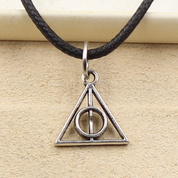 New Fashion Tibetan Silver Pendant Deathly Hallows Necklace Choker Charm Black Leather Cord Factory Price Handmade jewelry