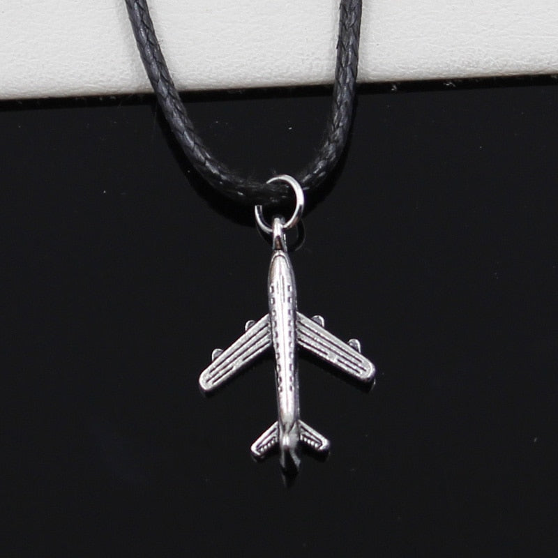 New Fashion Tibetan Silver Pendant plane airplane Necklace Choker Charm Black Leather Cord Factory Price Handmade jewelry