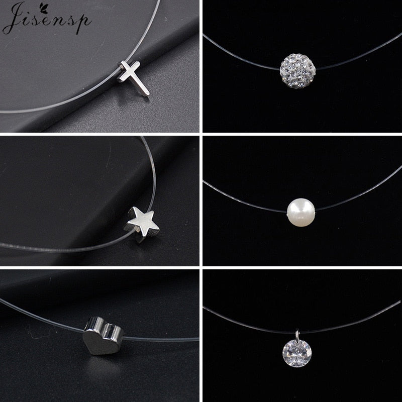 Transparent Fishing Line Invisible Necklace for Women Simple Imitation Pearl Crystal Zircon Cross Choker Necklaces