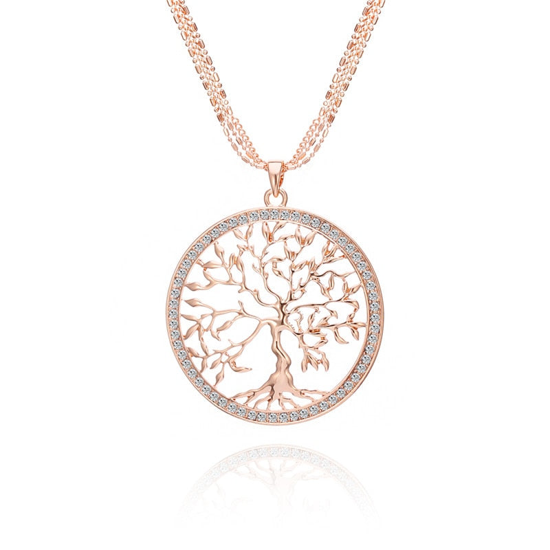 New Fashion Tree of life Pendant Necklace CZ Crystal Gold Silver Colors Elegant Long Chain Sweater Necklace   Gift
